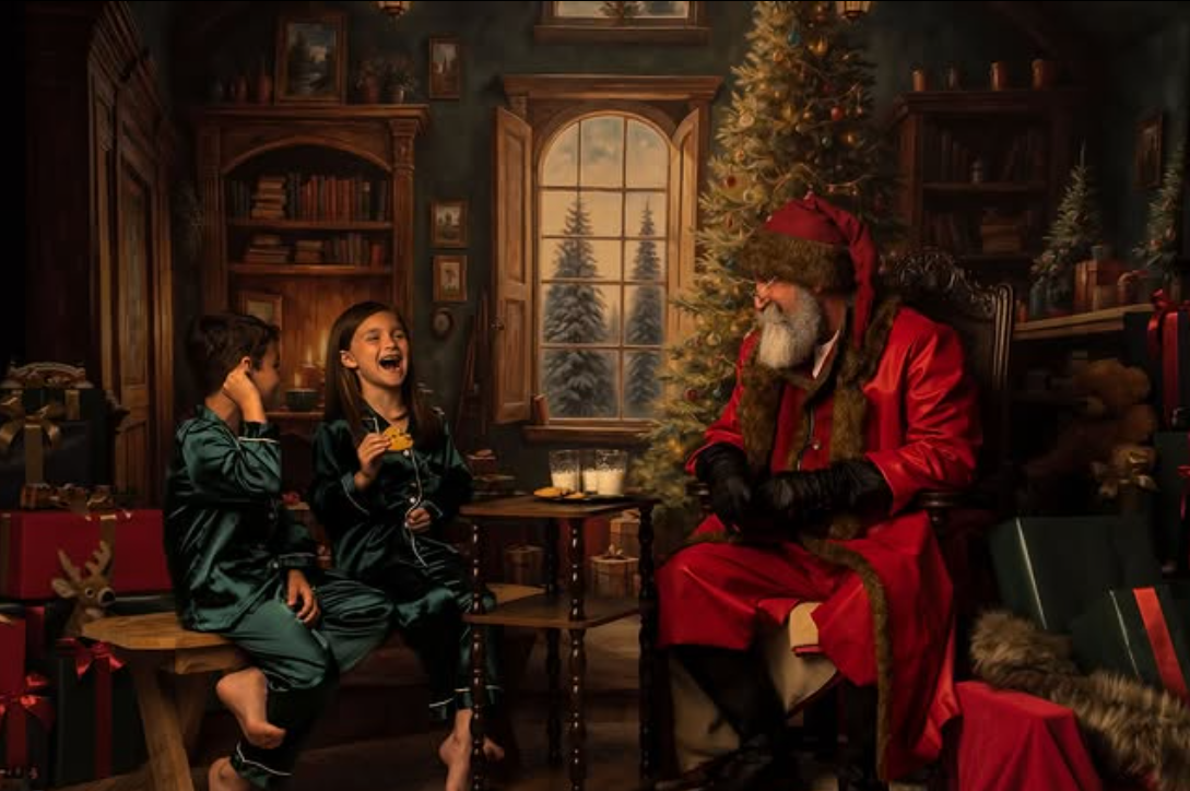 Children sharing a Santa portrait session in a warmly decorated room